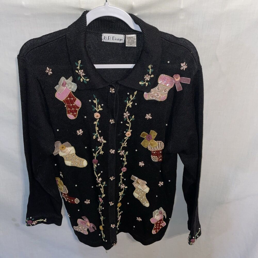 B.P. Design Women’s Holiday Cardigan Size Medium Black Stocking Motif Christmas